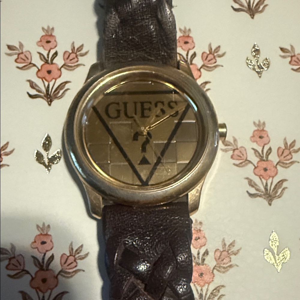 Vintage GUESS Gold Dial with Dark Brown Strap Watch